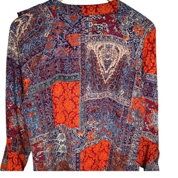 New Directions Boho Patchwork Blouse Large V-Neck Bell Sleeve Fall Top - Picture 8 of 10
